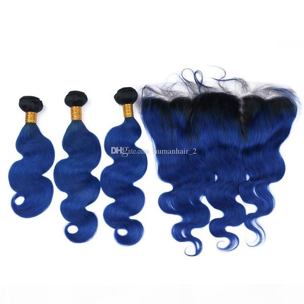 

brazilian body wave human hair ombre human hair weave bundles with frontal 3 bundles 1b blue ombre extensions with 13*4 frontal, Black;brown