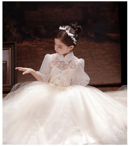 

2020 new long sleeve long champagne waist adorn dress simple good-looking fashion hand-made flower puff dress host girls piano performance d, White;blue