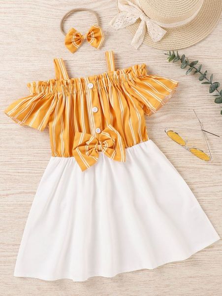 

baby striped fake button frilled cold shoulder bow dress & headband she, Red;yellow
