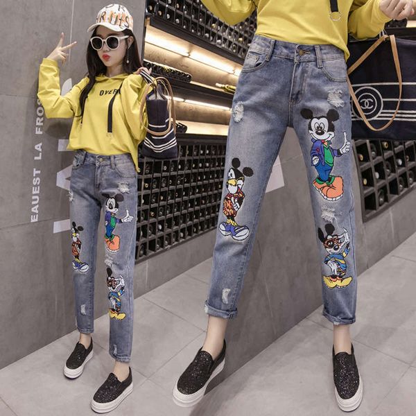 

nine point large women's fat sister cartoon jeans, Blue