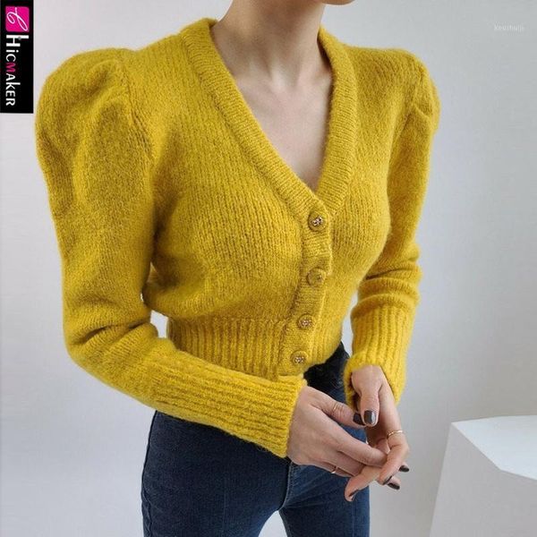 

women long sleeve single-breasted v-neck puff sleeve knitted cardigan1, White