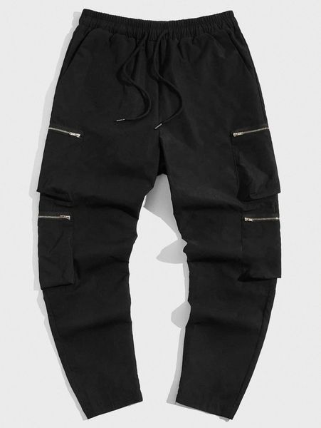 

romwe guys solid pocket pants m3n3#, Black
