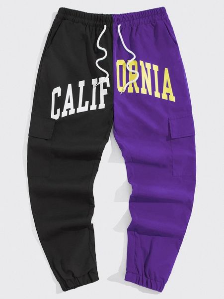 

romwe guys letter colorblock drawstring cargo pants h1yu#, Black