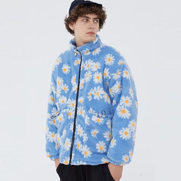 

chrysanthemum floral korean style loose winter jacket men padded streetwear fashion warm thick coat 20201, Black