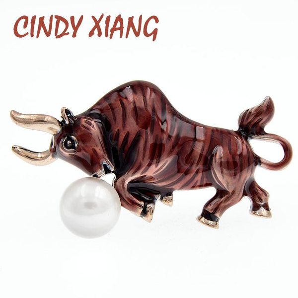 

cindy xiang new arrival enamel fighting bull brooch women and men pearl cattle pin brooch 2021 year zodiac animal jewelry, Gray
