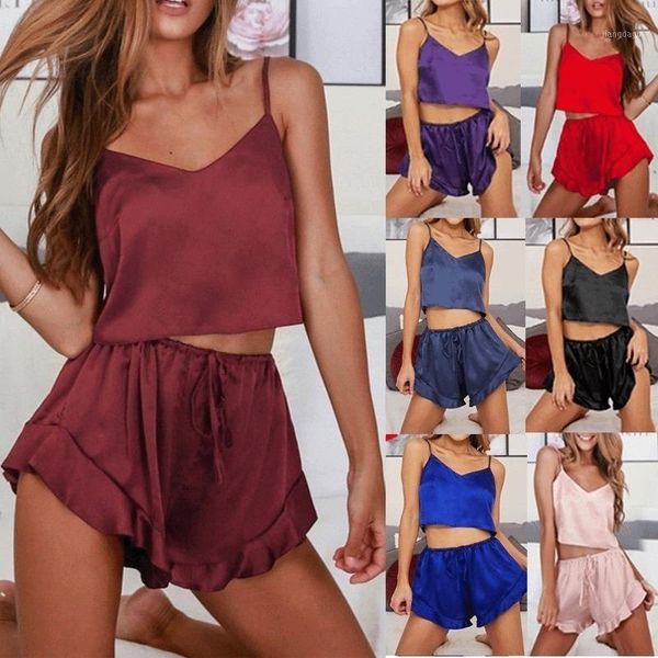 

womens sleeveless sleepwear set lingerie nightgrown crop pajamas sets1, Black;red