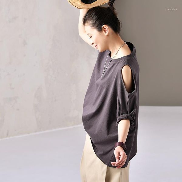 

micoco t0960 loose cotton t-shirt with large round collar, asymmetrical shoulder and short sleeves1, White