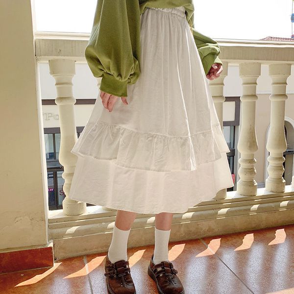 

high elastic waist large size long for women candy color solid comfortable cotton ruffles skirts white q1209, Black