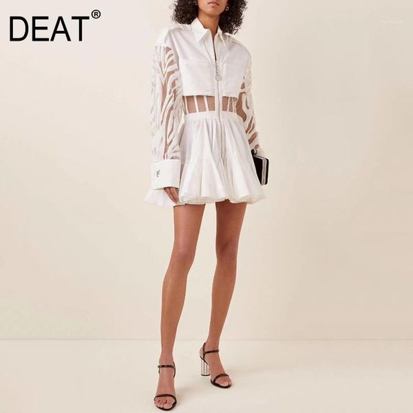 

deat 2020 fall / winter new fashion lapel zipper stripe stitching open high waist a-line white short shirt dress 7b03771, Black;gray