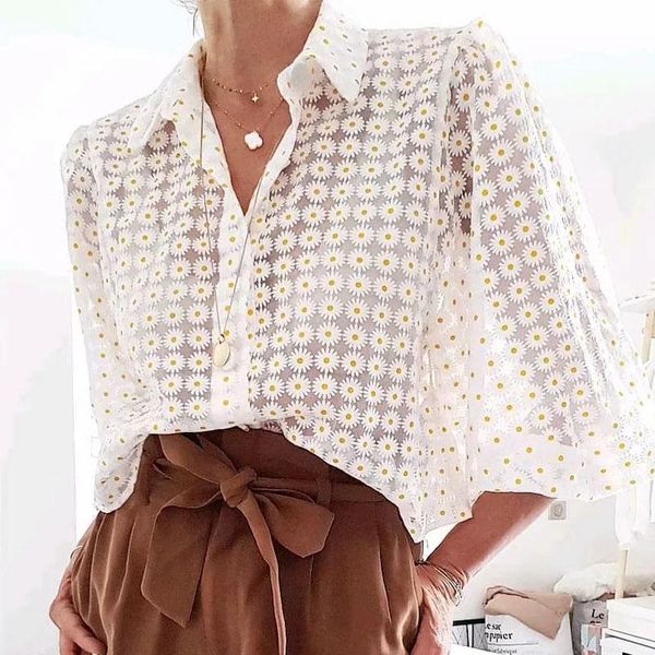 

women's blouses & shirts vintage mesh see through floral print cropped women blouse autumn lantern sleeve lapel crop ladies streetwear, White