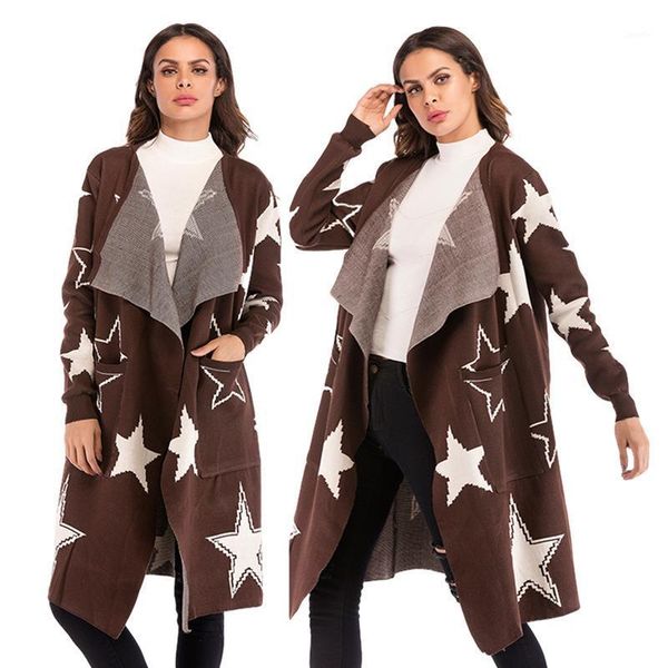 

european and american new star print medium length woolen coat for women's autumn and winter slim knitted overcoat1, White;black