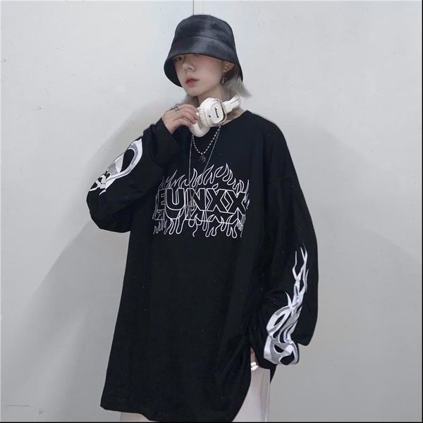 

harajuku style streetwear flame letters print tee shirt autumn loose long sleeve hip hop t shirt women men clothing, White
