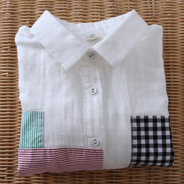 

2020 autumn new style japanese mori girl women's retro patch cotton yarn loose long-sleeved shirt, White