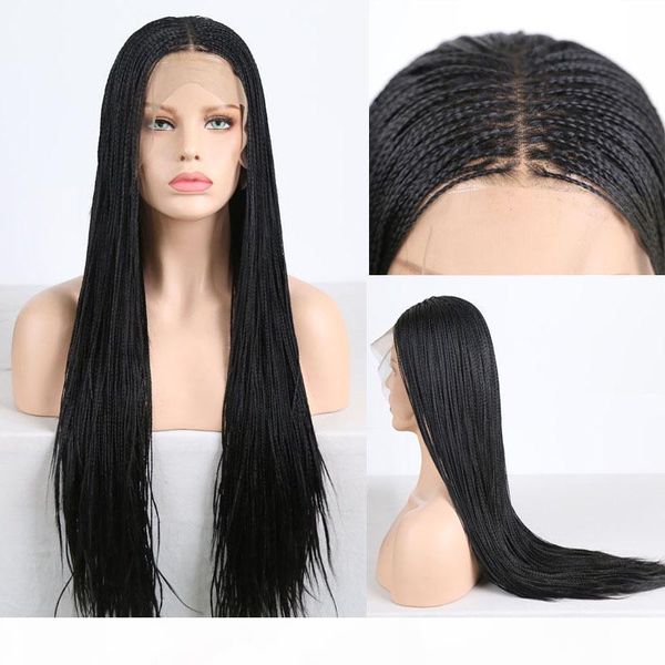

african braids wig for african american glueless high temperature fiber hair synthetic lace front braided box braids wigs with baby hair, Black