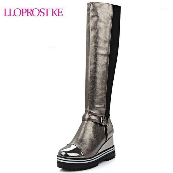 

boots lloprost ke round toe wedge heel knee high platform height increasing long winter fashion snow buckle my10301, Black