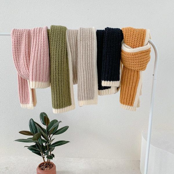 

girls fashion warm soft thick yellow pink plain neckerchief long narrow small solid color neck winter scarf for women knitted, Blue;gray