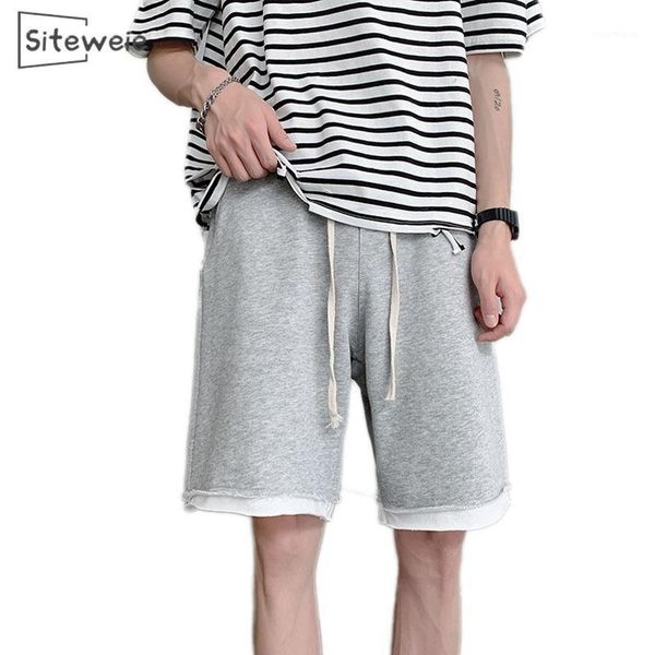 

siteweie summer new fake two pairs of shorts men's cotton shorts pants plus size loose solid color couples skateboard pants l3011, White;black