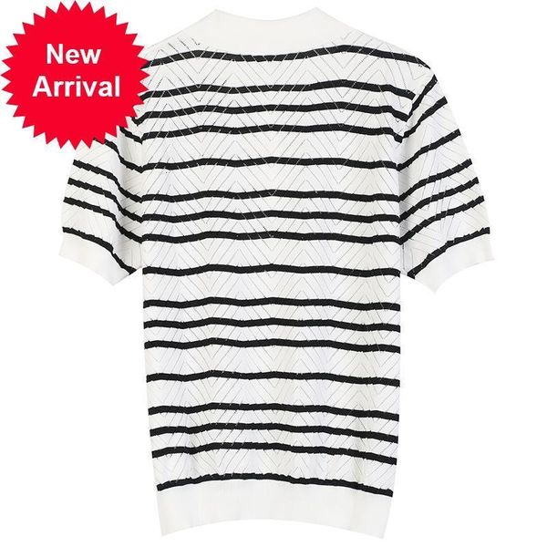 

brand 2021 new of luxury design women pullover lapela counter short goal summer striped hollow knit clothes mnzo, White;black