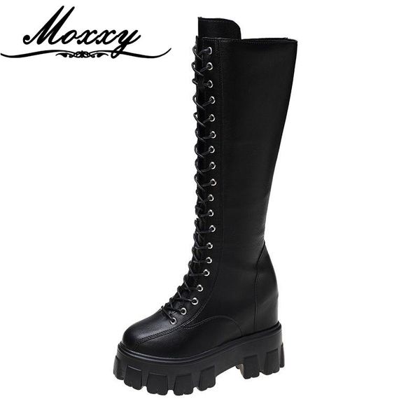 

moxxy 2020 women platform wedge knee high boots lace up gothic punk long boots autumn winter leather designer chunky shoes women, Black