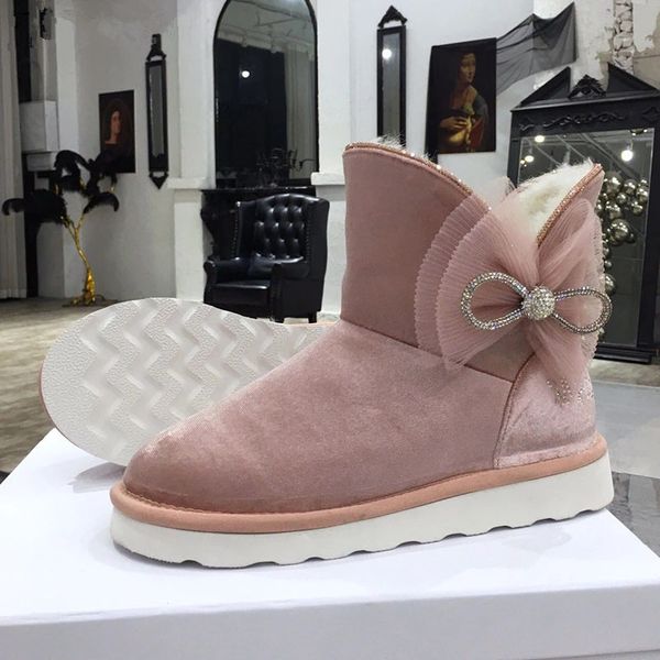 

bowtie-knot girl's pink snow boots natural sheep fur crystal shoes ankle boots flat heel winter velour shoes women, Black