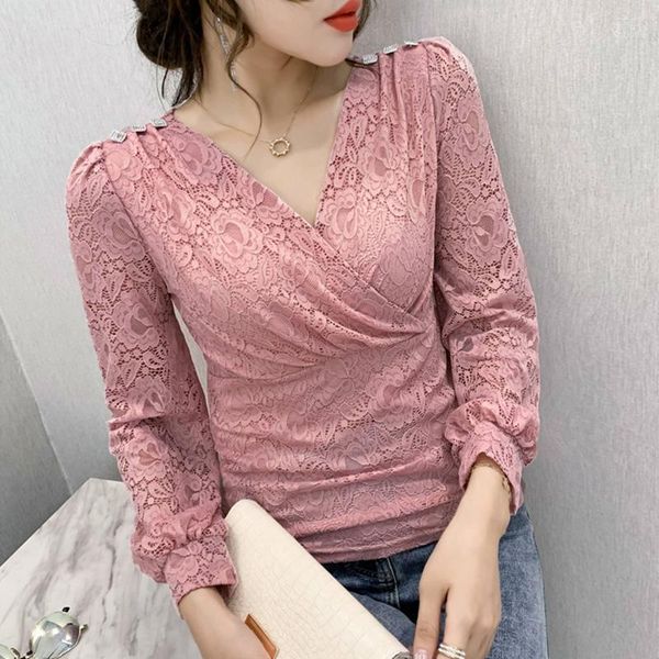 

lace 2020 autumn long sleeve v-neck women t-shirt elegant slim lace shirt plus size women shirt1, White