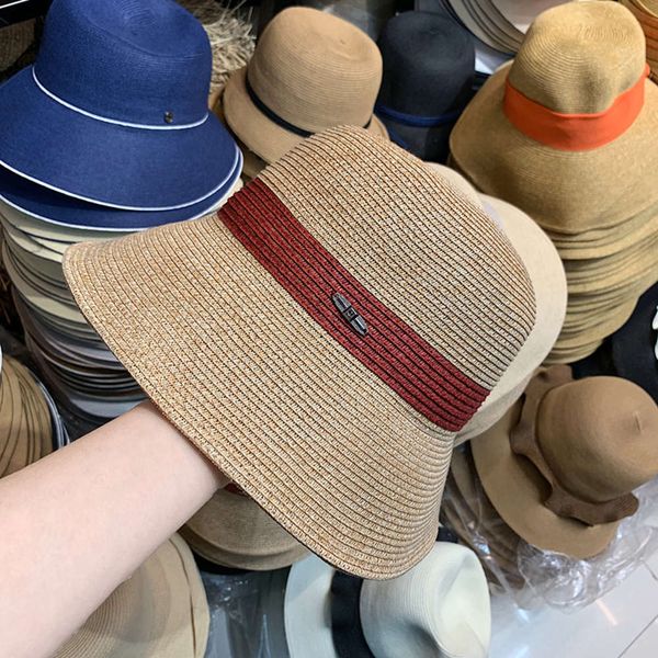 

spring and summer simple new sunshade straw female stripe decorative bucket students travel versatile casual hat, Blue;gray