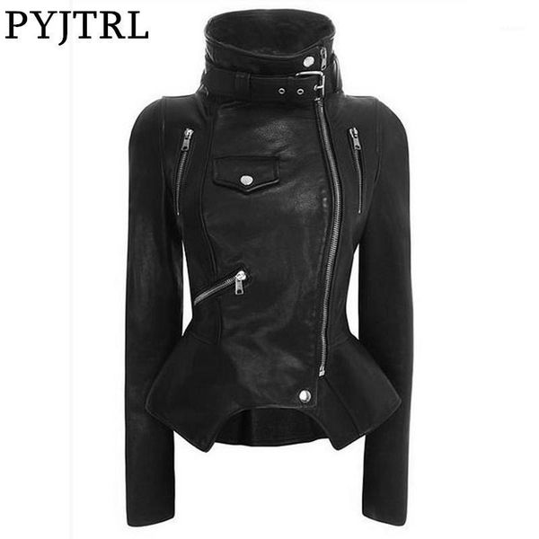 

pyjtrl women black motorcycle biker jacket punk solid color lapel slim zipper short leather clothes1, Black;brown