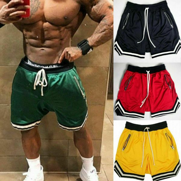 

men gym fitness running shorts sport workout casual jogging sweat male elastic zipper pocket shorts t200518, White;black