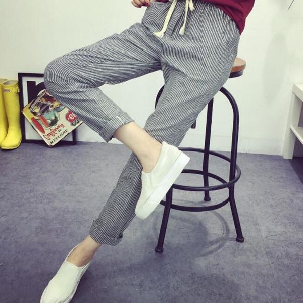 

women's pants & capris bigsweety cotton linen women casual 2021 fashion loose long elastic waist straight striped trousers pantalon, Black;white