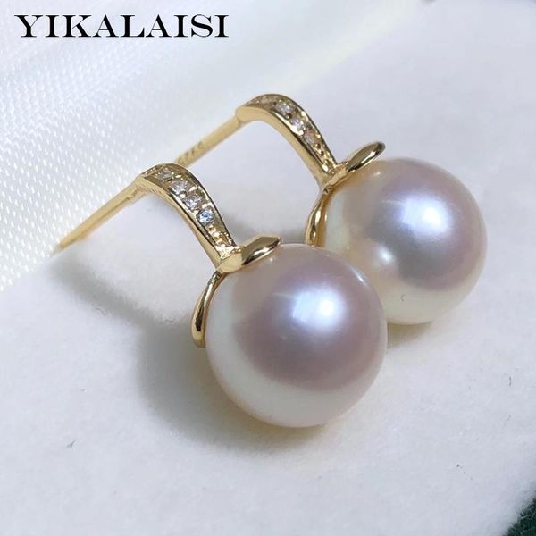 

stud yikalaisi 925 sterling silver earrings jewelry for women 9-10mm round natural freshwater pearl arrivals wholesales, Golden;silver