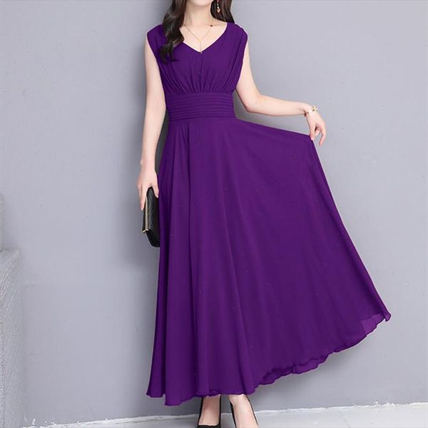 

purple chiffon boho beach dress women 2021 summer solid v neck big swing tank pleated party dresses vestidos female, Black;gray