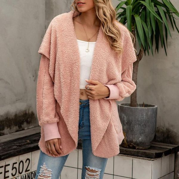 

ladies jacket pink faux wool explosion turn-down collar open stitch jacket winter warm thick solid color slim outwear, Black;brown
