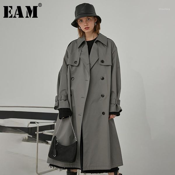

[eam] women gray brief double breasted big size trench new lapel long sleeve loose fit windbreaker fashion spring 2020 1r3981, Tan;black