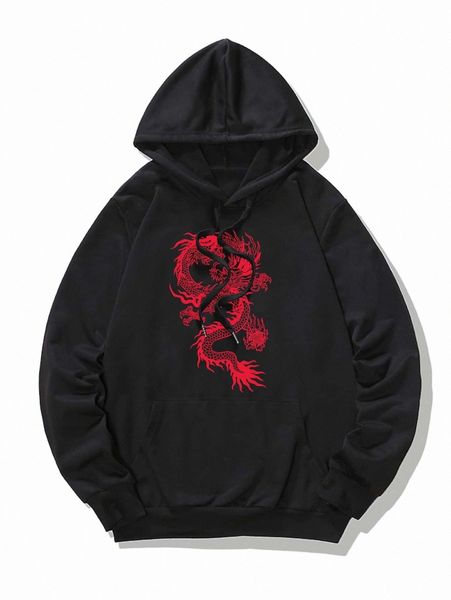 

men chinese dragon graphic drawstring hoodie m5ic#, Black