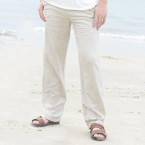 

mens linen pants trousers summer casual elastic waist loose male solid straight pants plus size 3xl beachwear joggers sweatpants1, Black