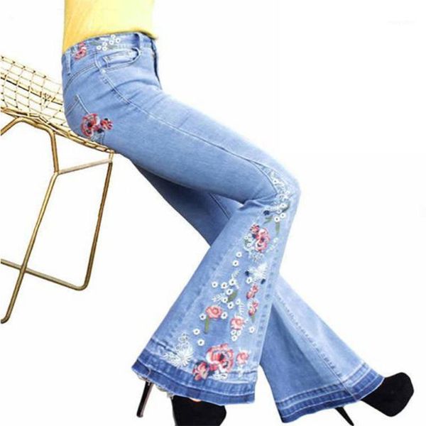 

2020 new flowers embroidered wide leg pants lift hip high waist women pants skinny full length loose cowboy jeans1, Blue