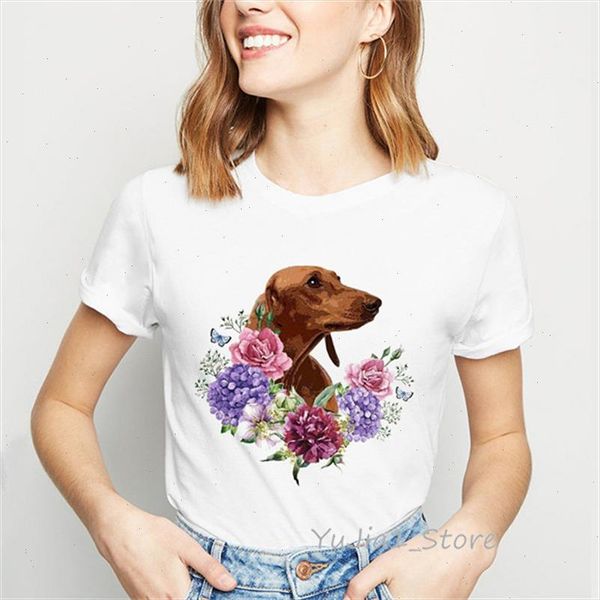 

dachshund blooming flowers art t shirt women cute dog animal print tee shirt femme summer female white t shirt streetwear