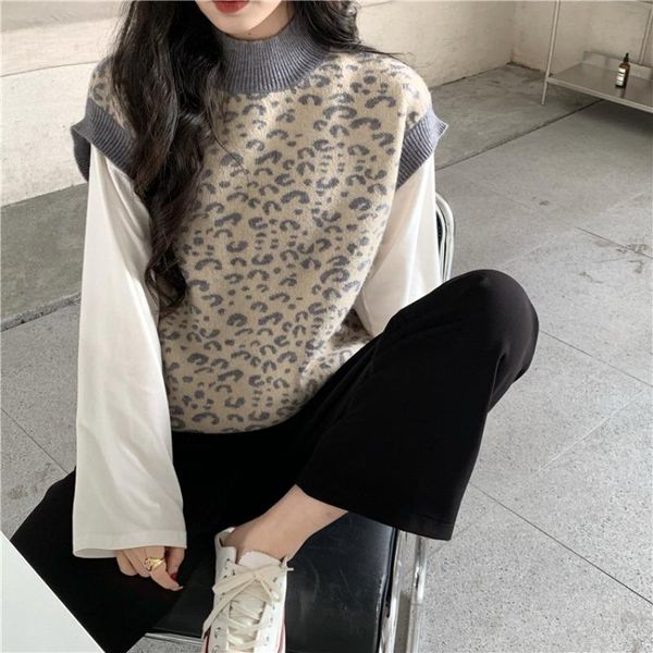 

women's vests retro high collar leopard print sweater vest for women loose sleeveless knitted waistcoat chalecos para mujer, Black;white
