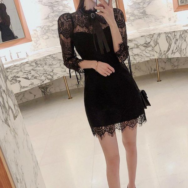 

ladies three quarter half turtleneck see through dress autumn winter white lace dress black a line dresses women mini robe1, Black;gray