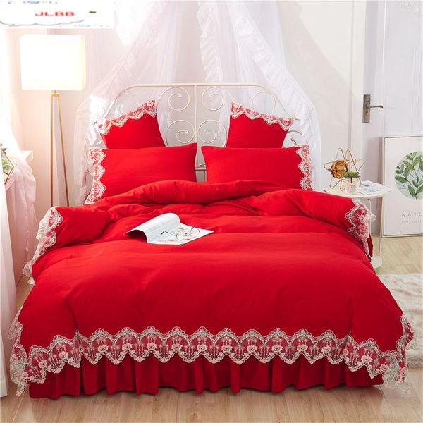 

wedding red lace bedding sets full  king duvet cover princess girls bed skirt korean bedclothes beautiful quilt cover sets