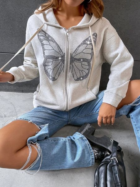 

rhinestone butterfly print drop shoulder zip up hoodie w2lw#, White;black