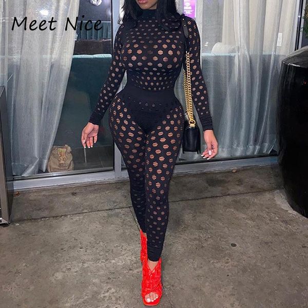 

2 two piece sets womens outfits see-through long sleeve turtleneck bodycon holes knit mesh set ladies casual tracksuits, Gray