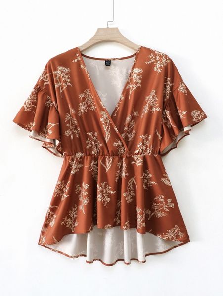 

plus floral print butterfly sleeve smock blouse e0ms#, Black