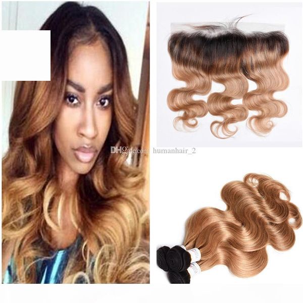 

ombre human hair with lace frontal 1b 27 peruvian virgin hair wefts with lace frontal closure 8a grade honey blonde body wave hair, Black;brown