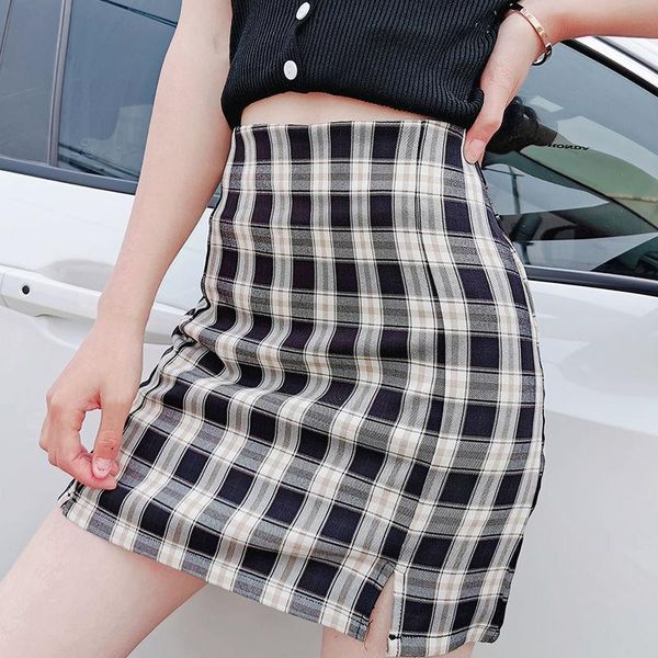 

streetwear tartan red women a- line skirt saia womens harajuku high waist split short skirt plaid mini korean style, Black