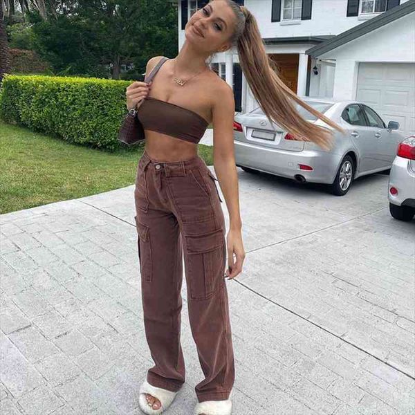 

brown vintage baggy jeans women 90s streetwear pockets wide leg cargo pants y2k high waist straight denim trousers, Blue