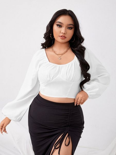 

plus ruched bust lantern sleeve crop blouse n4qy#, Black