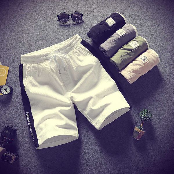 

hong kong men's color matching printed cotton and linen shorts in summer, White;black