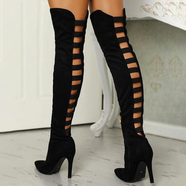 

boots women black hollow out over the knee female pointed toe party long women's autumn shoes woman thin heels1