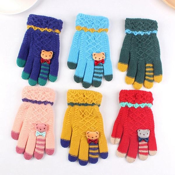 

five fingers gloves winter kids warm knitted full finger thick mittens with bear bow cartoon 4-8-year-old children, Blue;gray